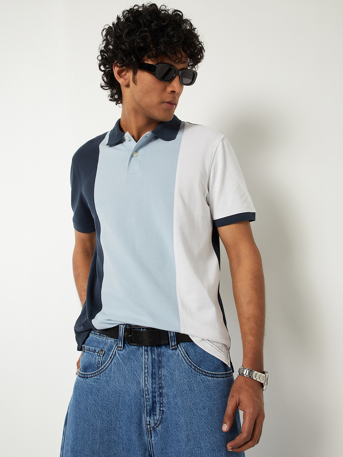 Image of MAX Colorblock Men Polo Neck Blue T-Shirt