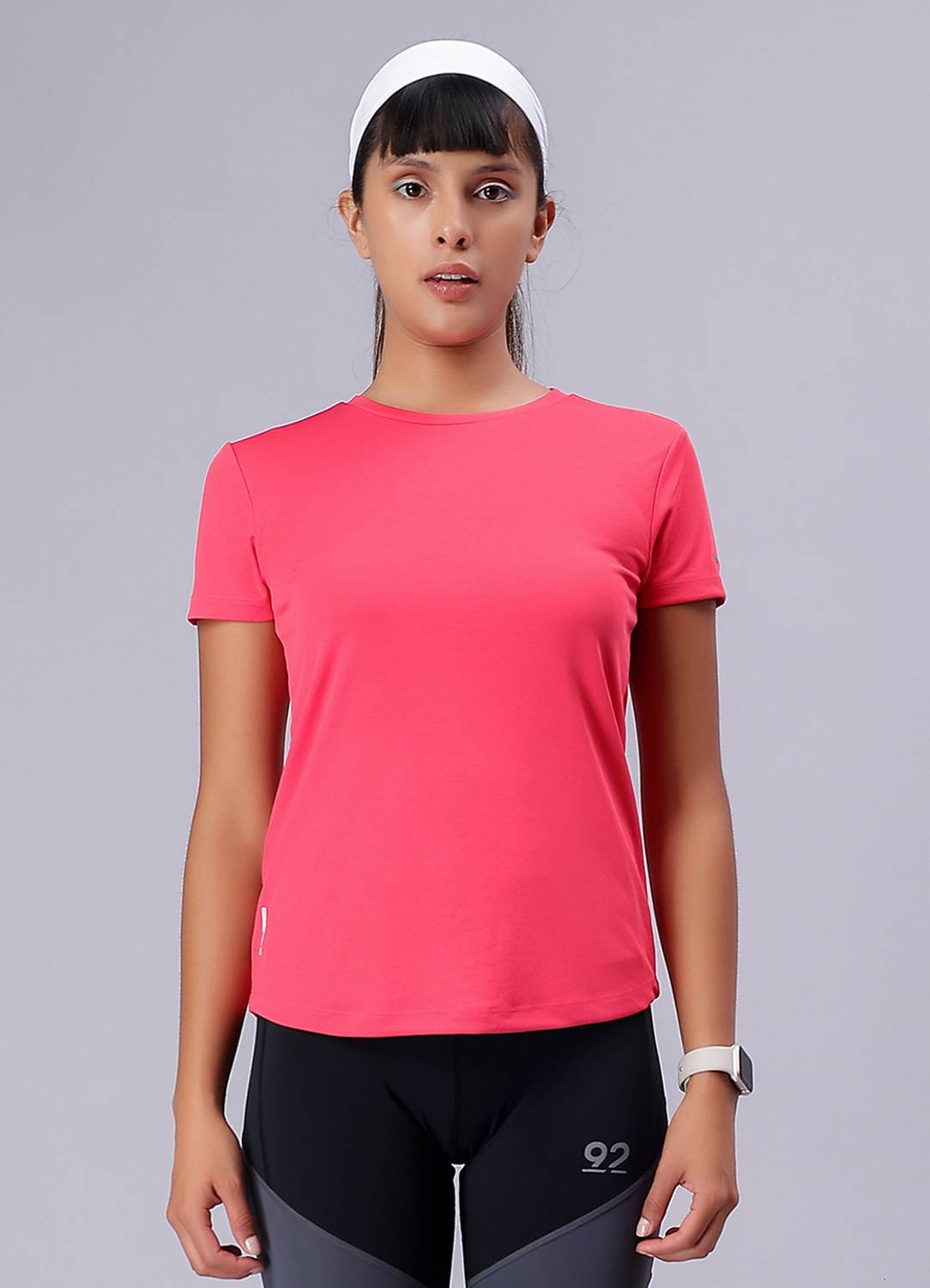 92 Ninety Two Women Solid Round Neck Polyester Pink T-Shirt