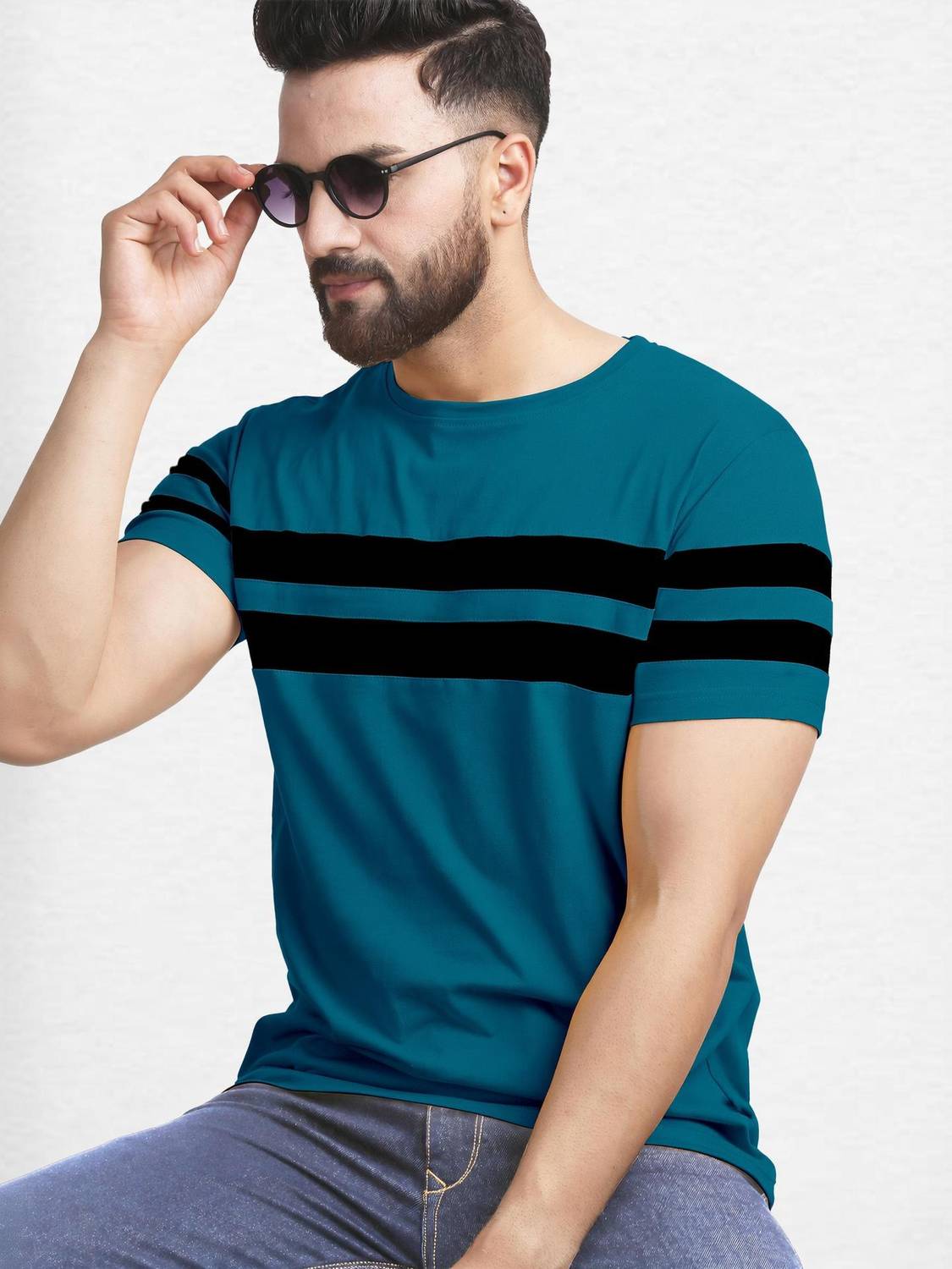 AUSK Striped Men Round Neck Dark Blue, Black T-Shirt