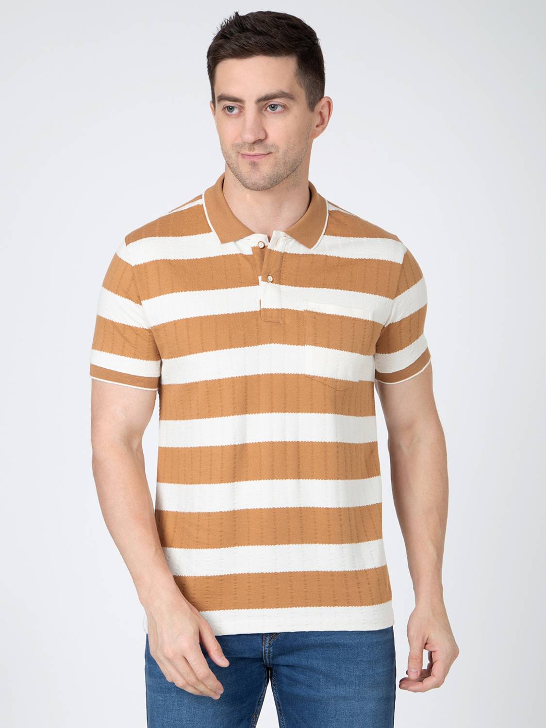 SPARKY Men Solid Polo Neck Pure Cotton Brown, White T-Shirt