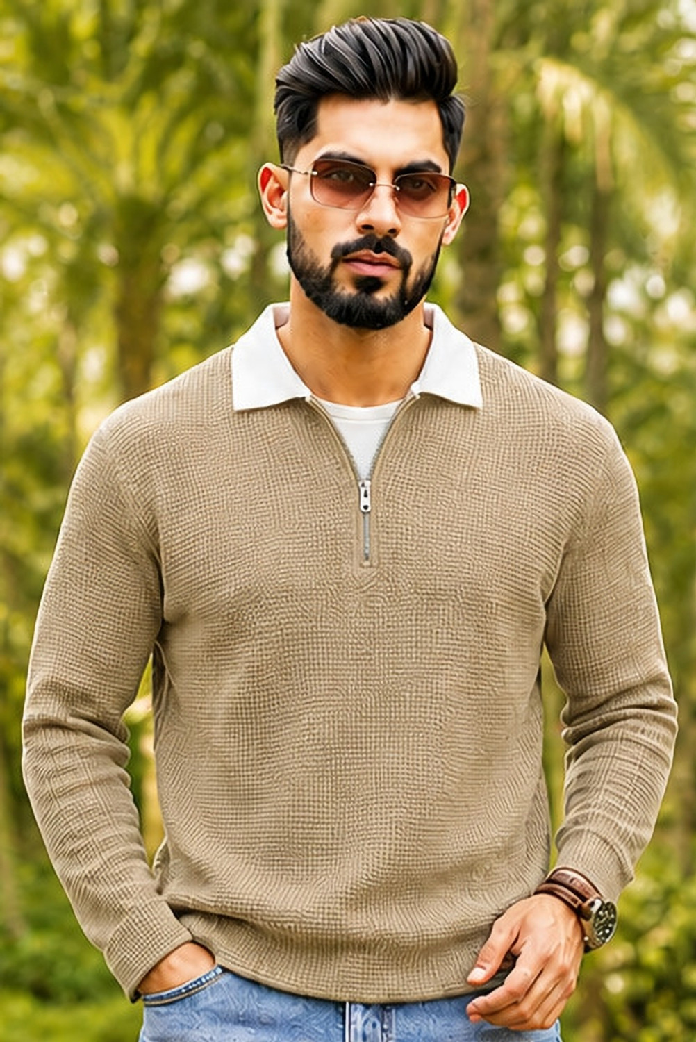 Image of NOOK Self Design Men Polo Neck Beige T-Shirt