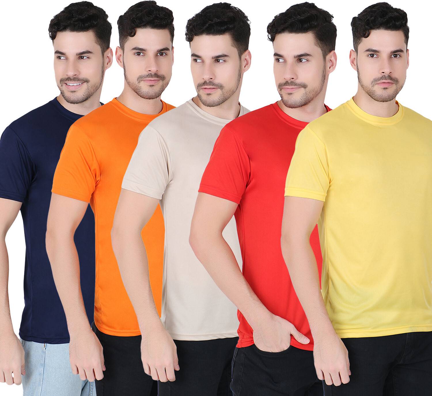FABSHORE Pack of 5 Men Solid Round Neck Polyester Multicolor T-Sh