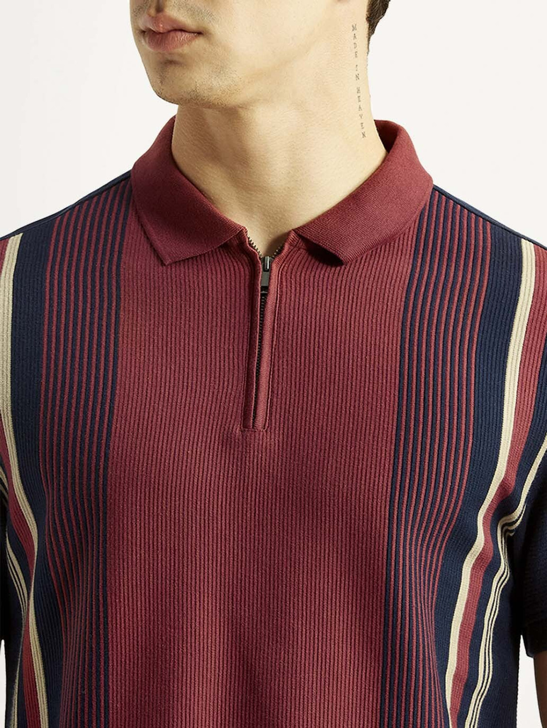 Image of LEVI'S Striped Men Polo Neck Maroon T-Shirt