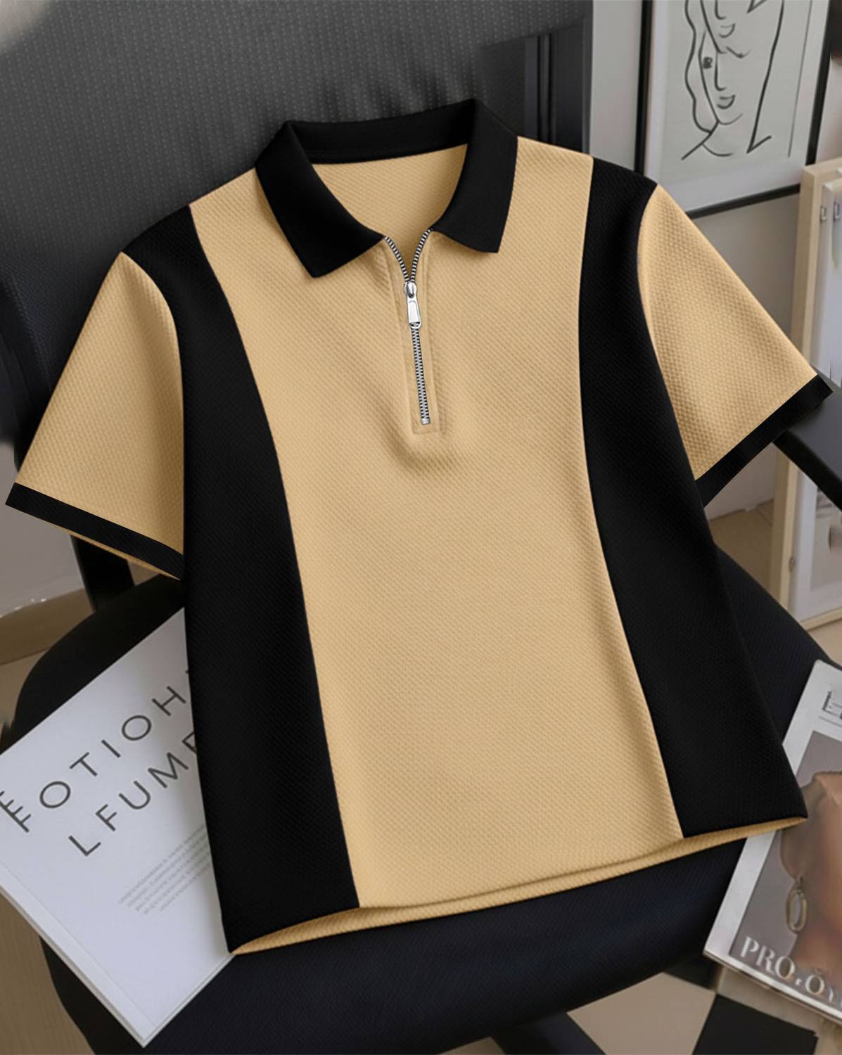 AUSK Colorblock Men Polo Neck Beige, Black T-Shirt