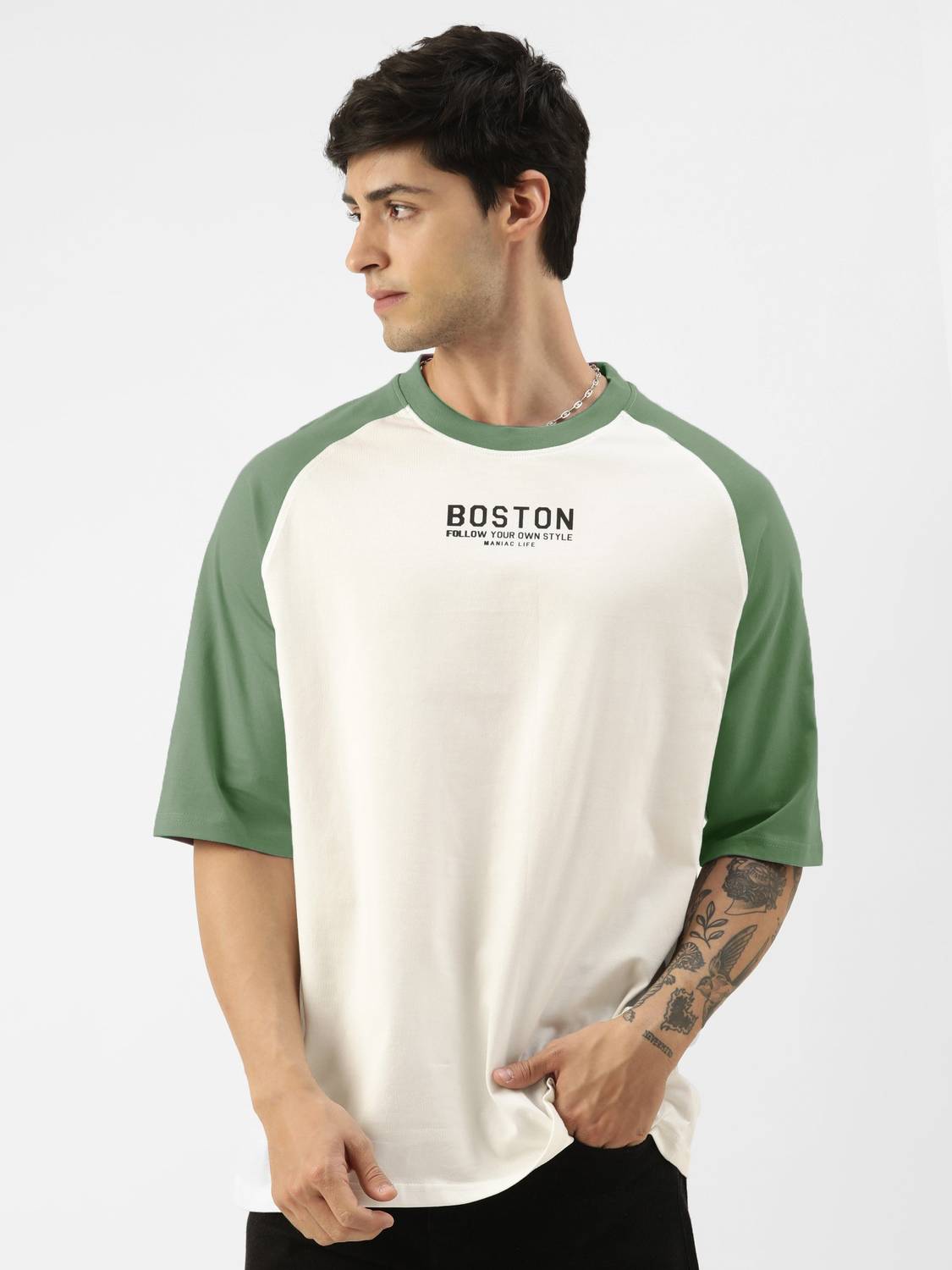 MANIAC Oversized Men Colorblock Round Neck Pure Cotton White, Gre