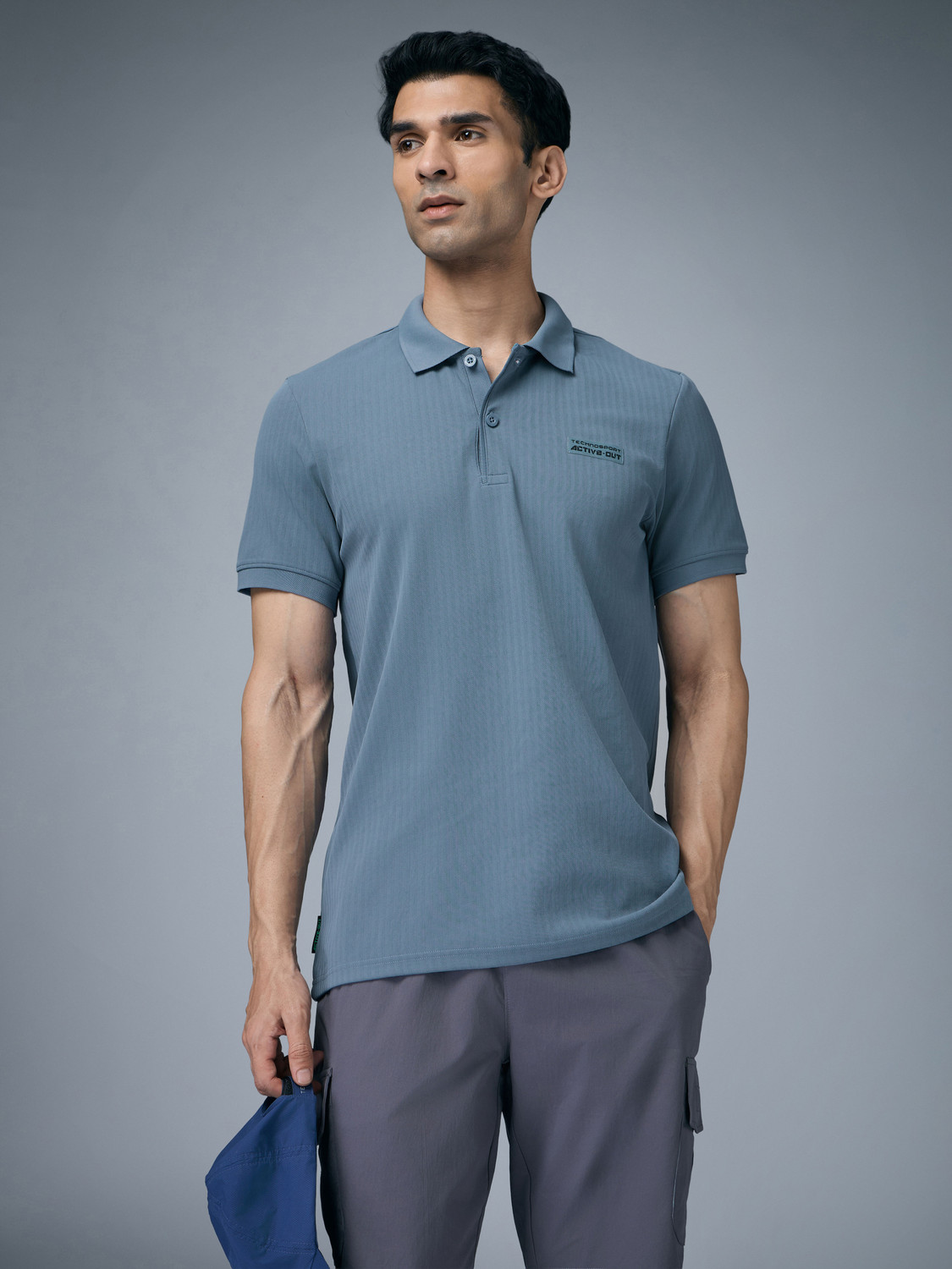 Image of TECHNOSPORT Striped Men Polo Neck Blue T-Shirt