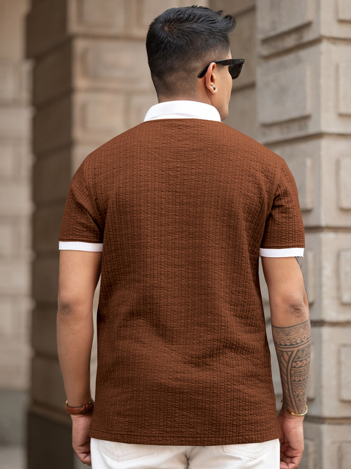 Image of KAJARU Self Design Men Polo Neck White, Brown T-Shirt