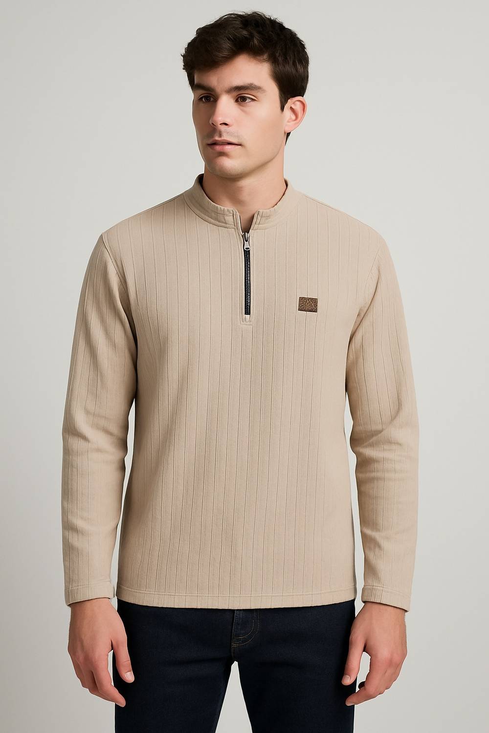 QUINTON Men Zip Neck Beige T-Shirt - Image 3