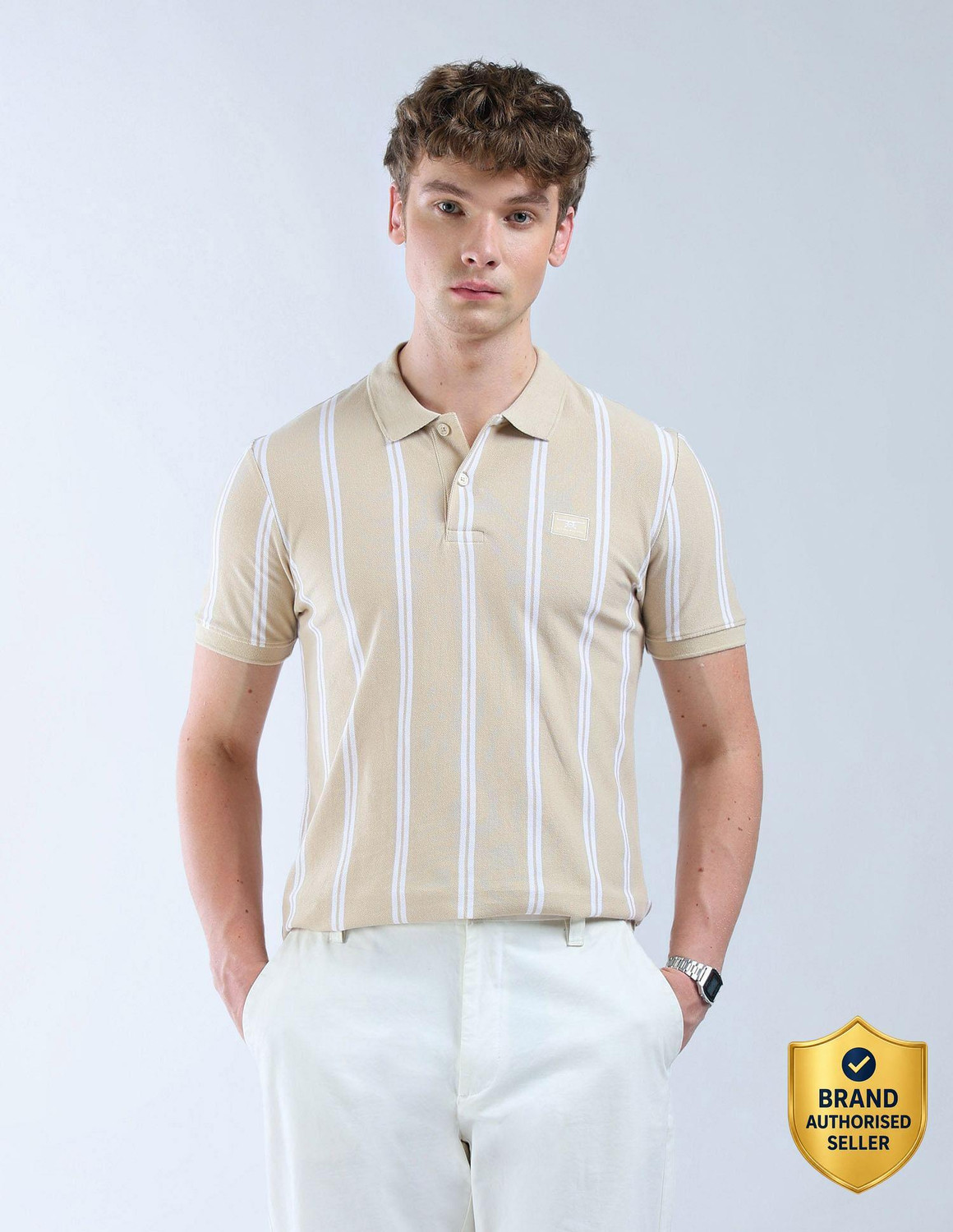 Image of FLYING MACHINE Striped Men Polo Neck Beige T-Shirt