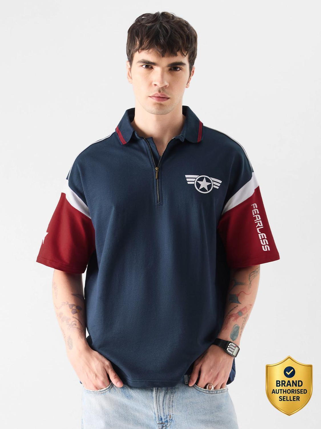 Image of The Souled Store Graphic Print Men Polo Neck Navy Blue T-Shirt