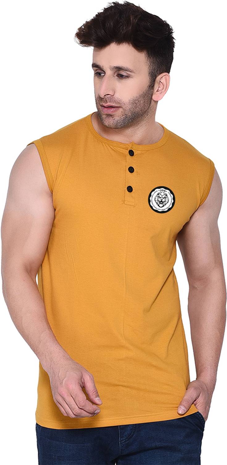 Money Leaf Graphic Print Men Henley Neck Gold T-Shirt