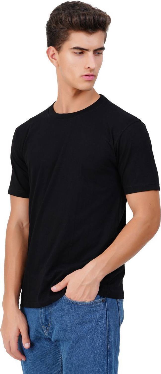 Terncart Men Solid Round Neck Pure Cotton Black T-Shirt