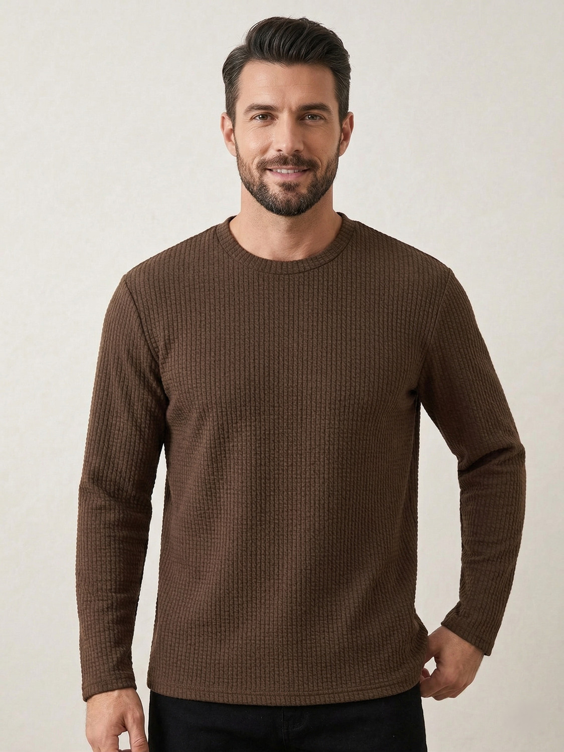 Image of ASAYATIFAB Self Design Men Round Neck Brown T-Shirt