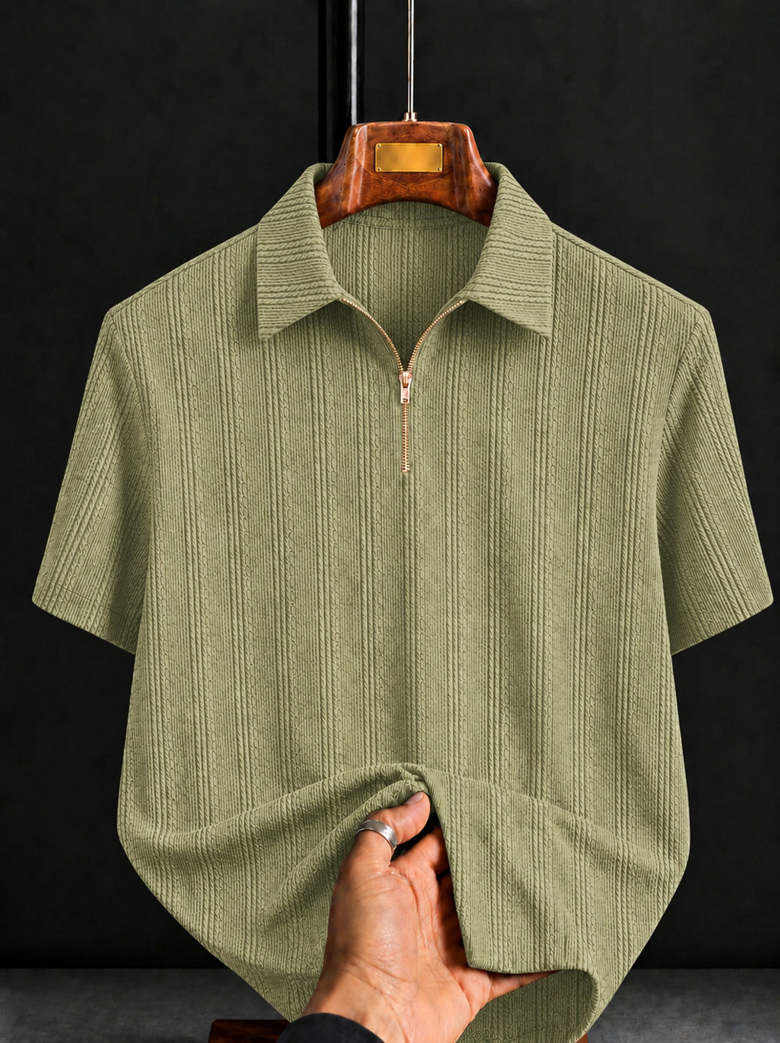 Image of COMBRAIDED Self Design Men Polo Neck Light Green T-Shirt