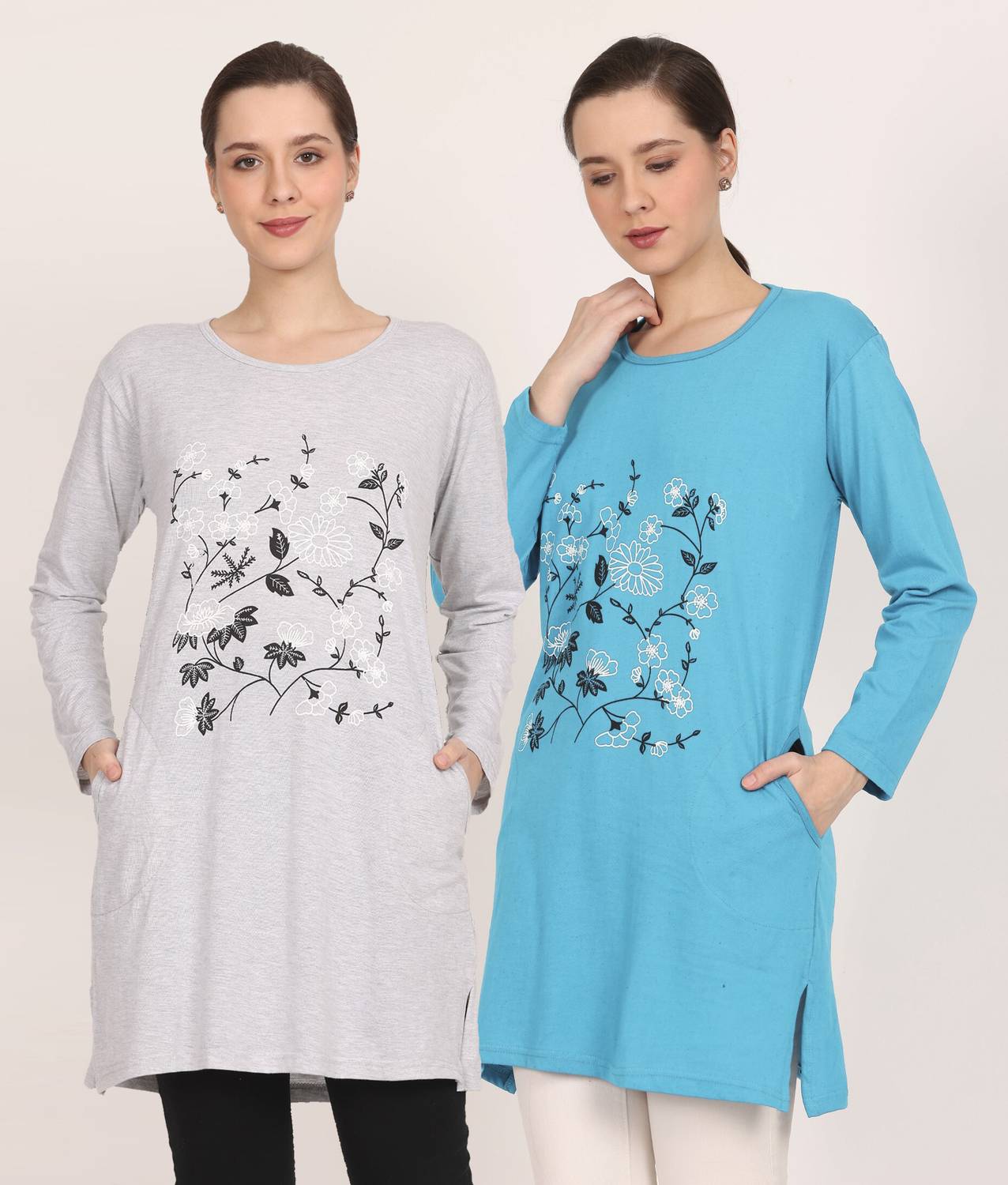 DASPRATION Printed Women Round Neck Grey, Light Blue T-Shirt