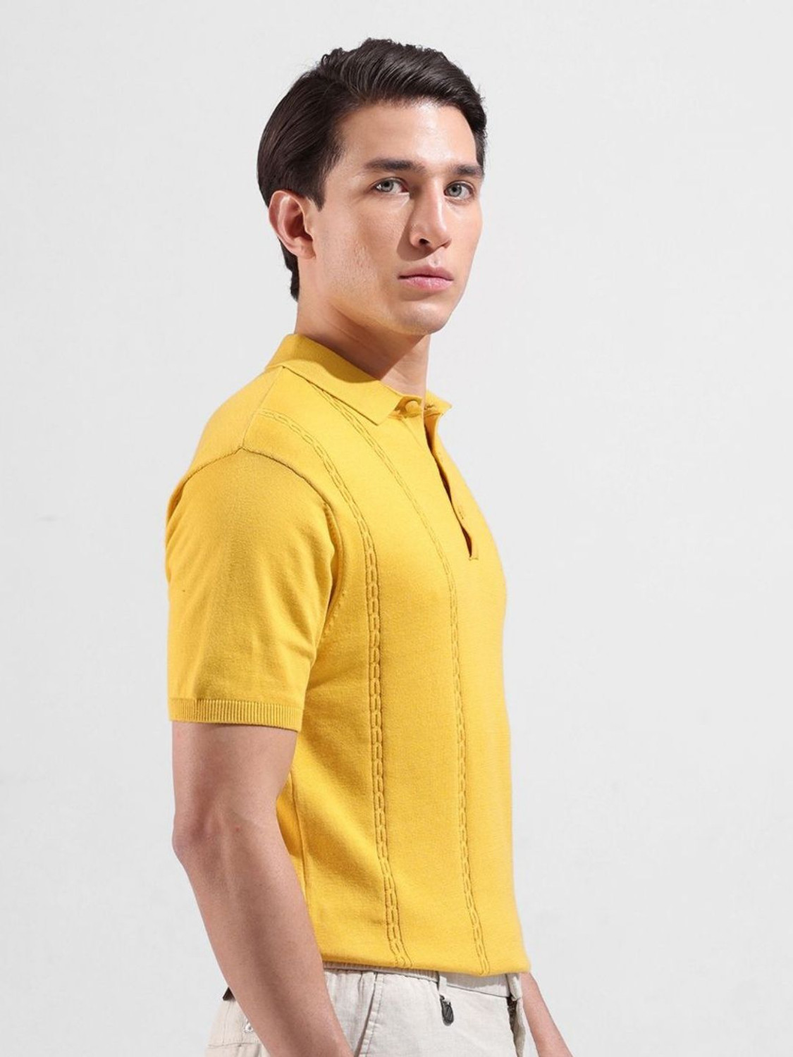 Image of The Indian Garage Co. Self Design Men Polo Neck Yellow T-Shirt