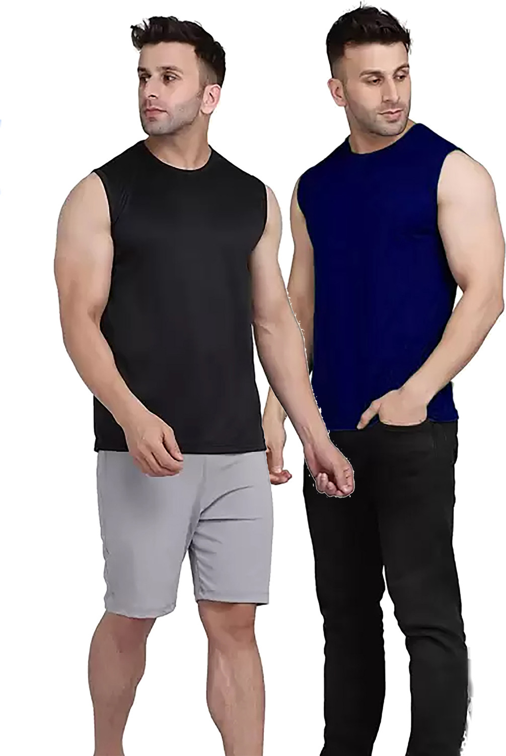 Image of Renowned Solid Men Round Neck Black, Dark Blue T-Shirt