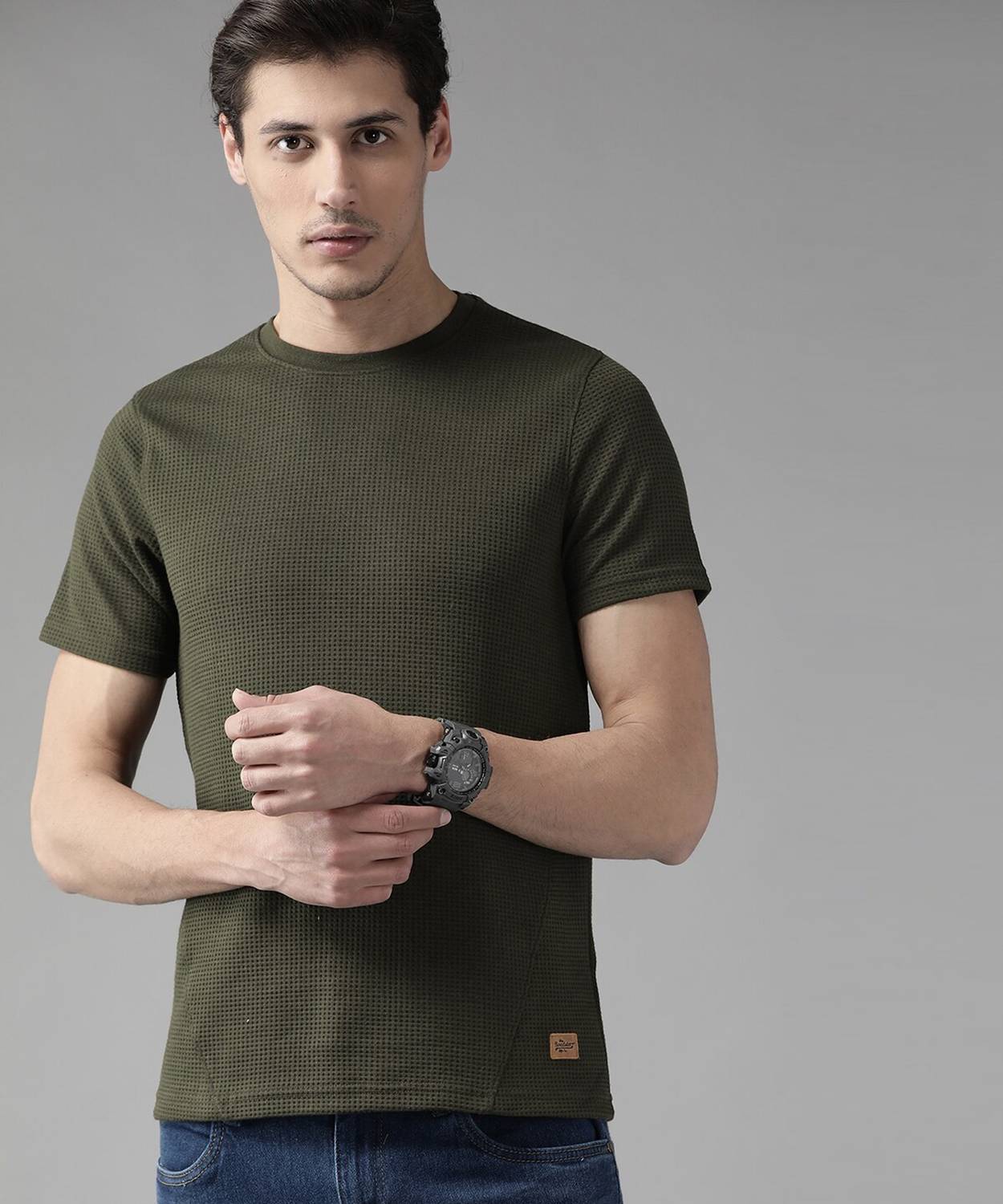 Roadster Men Solid Round Neck Pure Cotton Green T-Shirt