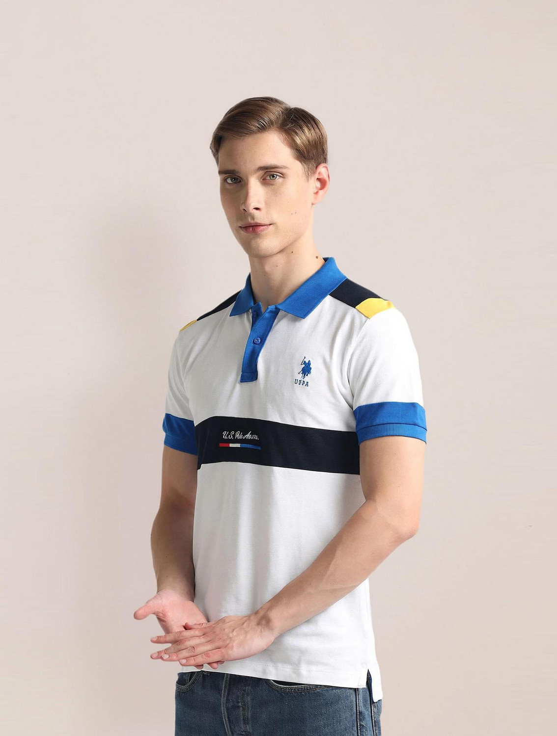 Image of U.S. POLO ASSN. Colorblock Men Polo Neck White T-Shirt