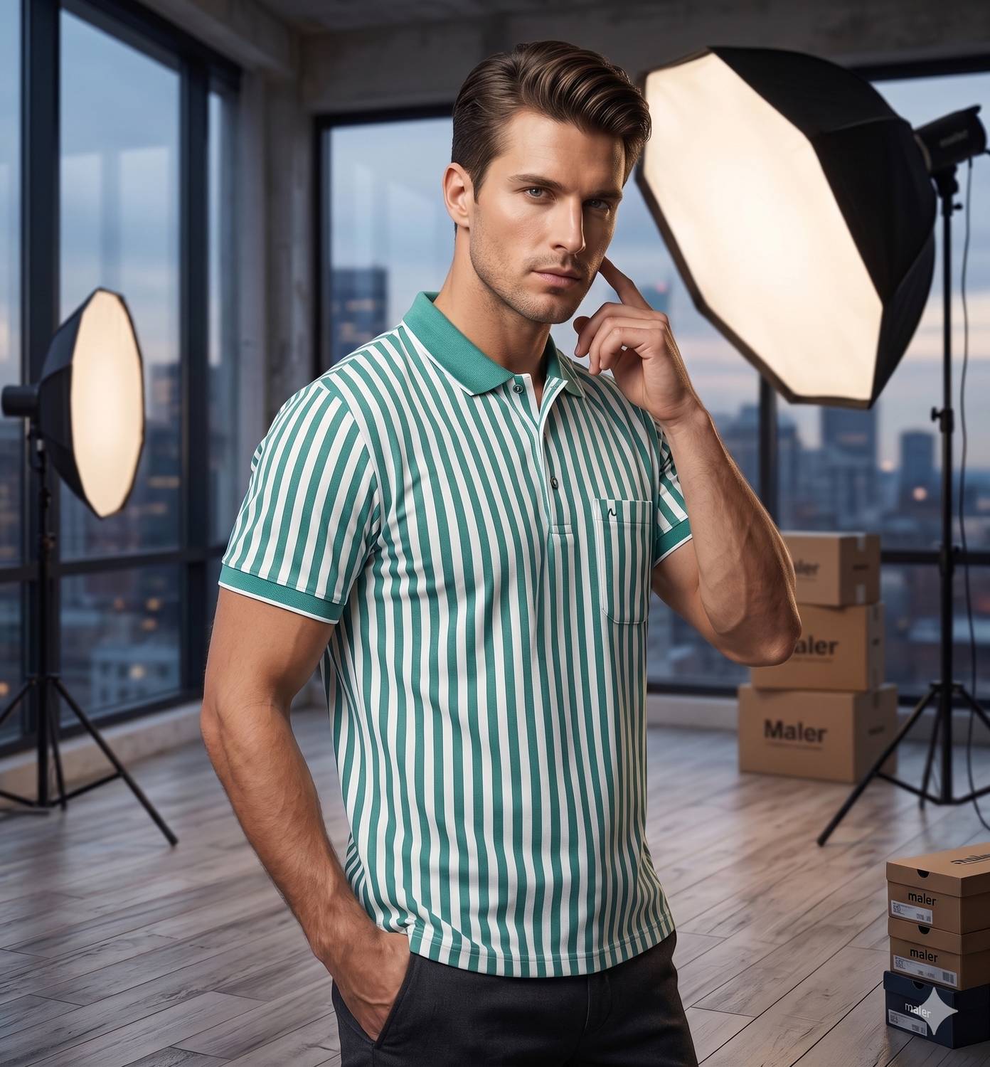 Maler Men Striped Polo Neck Cotton Blend Green, White T-Shirt