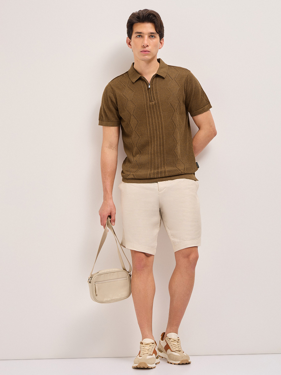 Image of THE BEAR HOUSE Self Design Men Polo Neck Brown T-Shirt