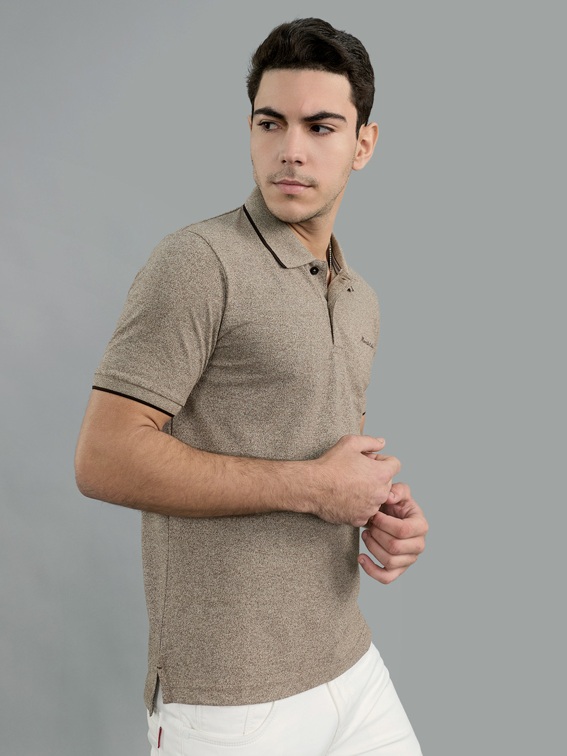 Image of MONTE CARLO Solid Men Polo Neck Beige T-Shirt