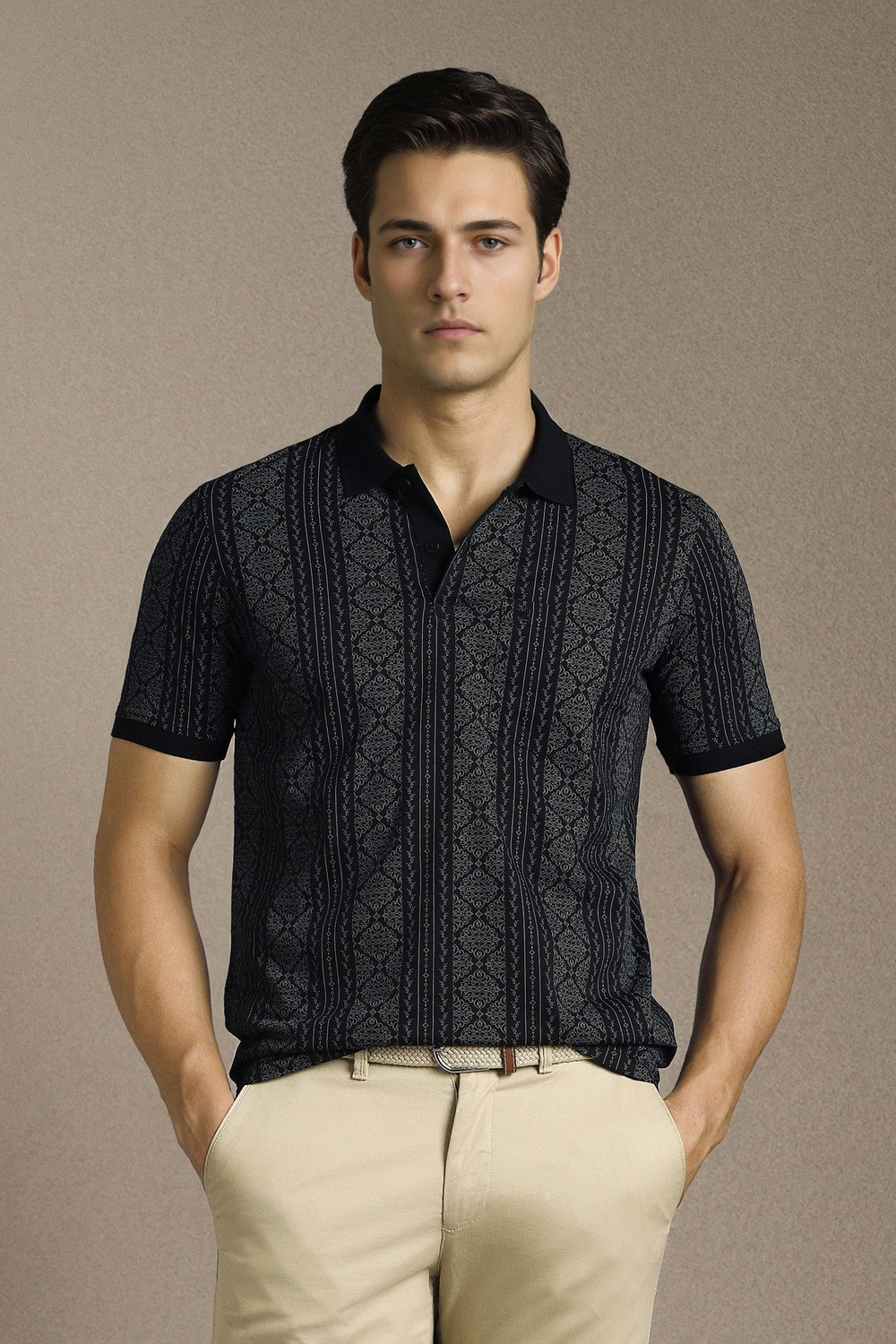 Image of LOUIS PHILIPPE Printed Men Polo Neck Black T-Shirt