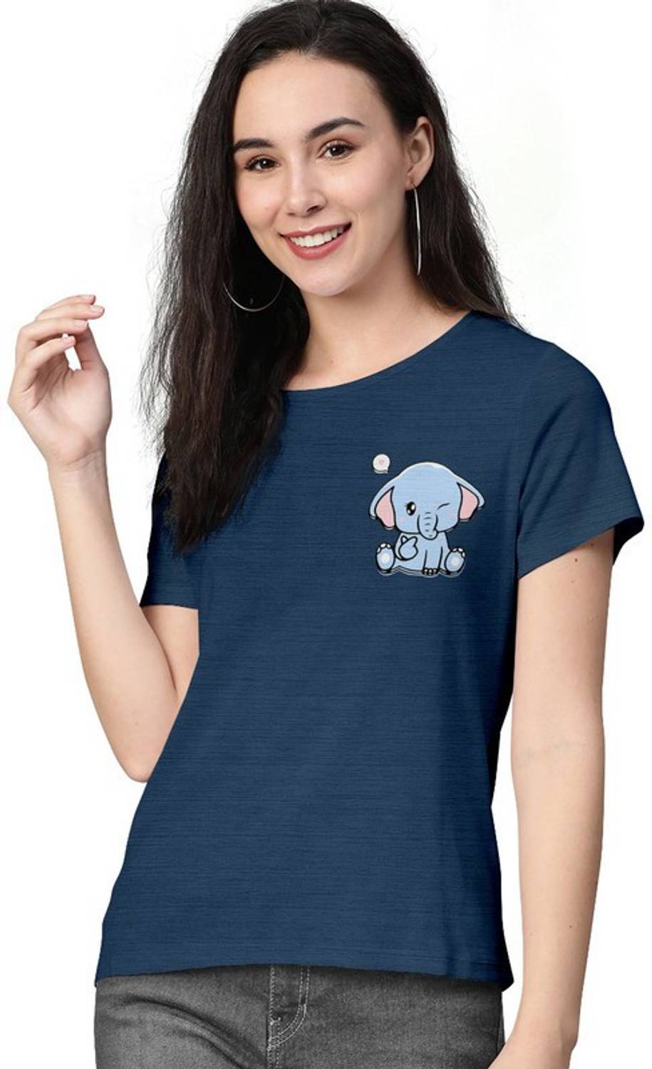AASHANK Printed Women Crew Neck Navy Blue T-Shirt