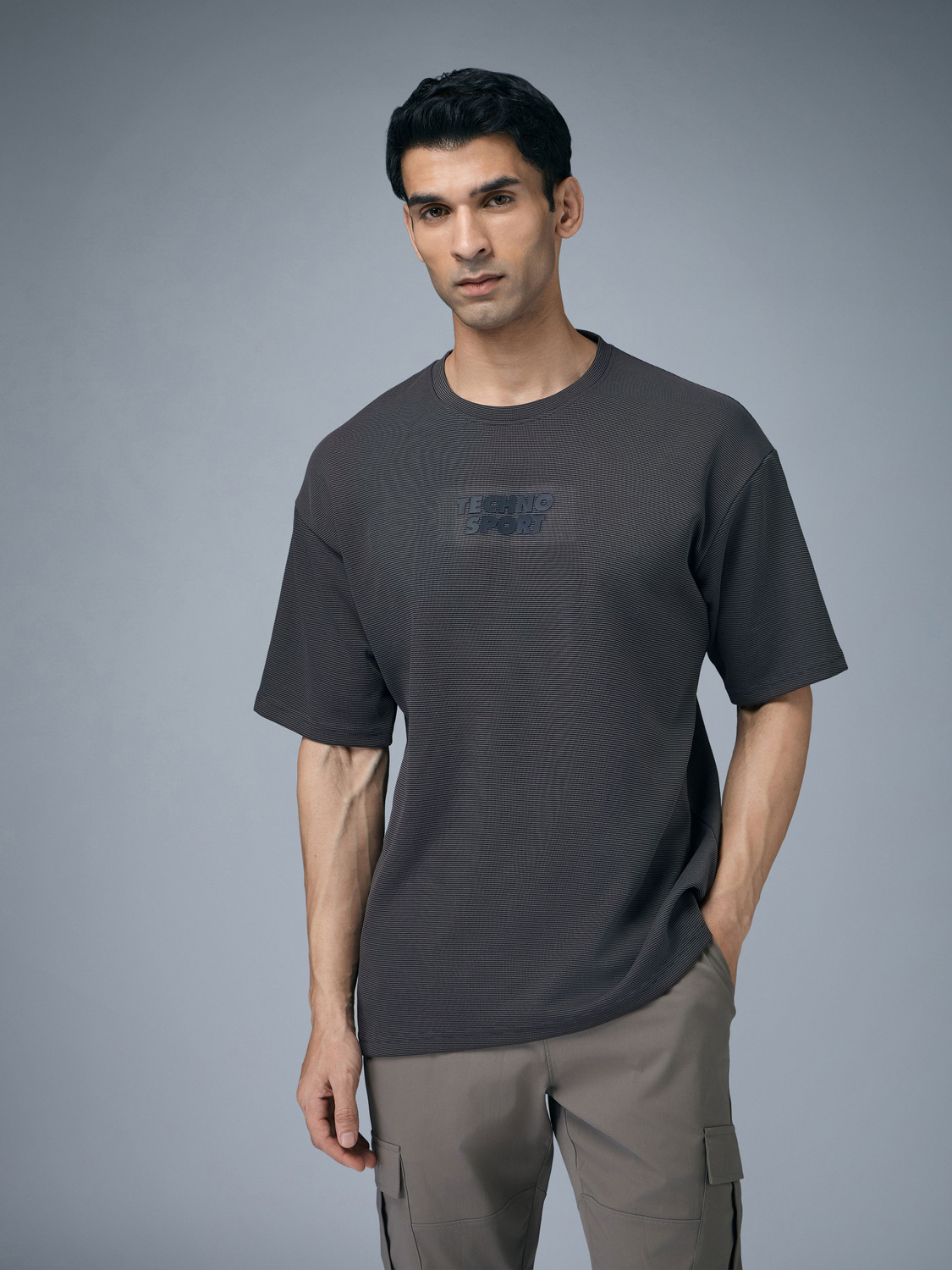 Image of TECHNOSPORT Self Design Men Round Neck Grey T-Shirt