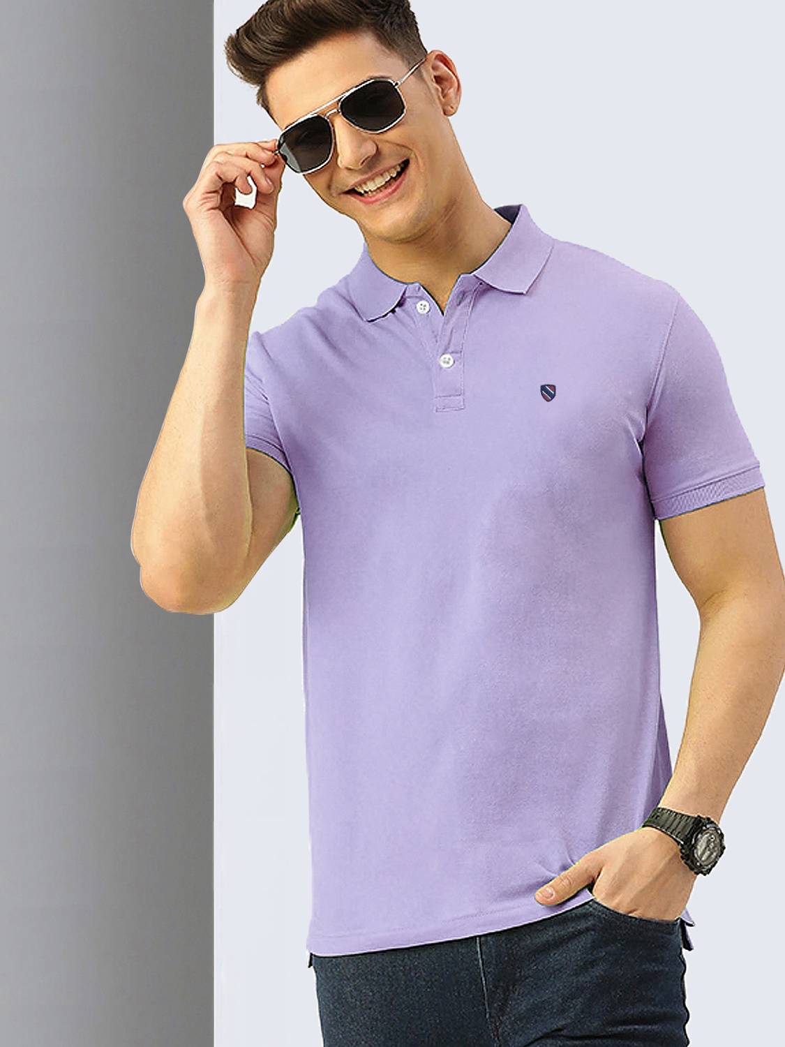 AIN6 Solid Men Polo Neck Purple T-Shirt