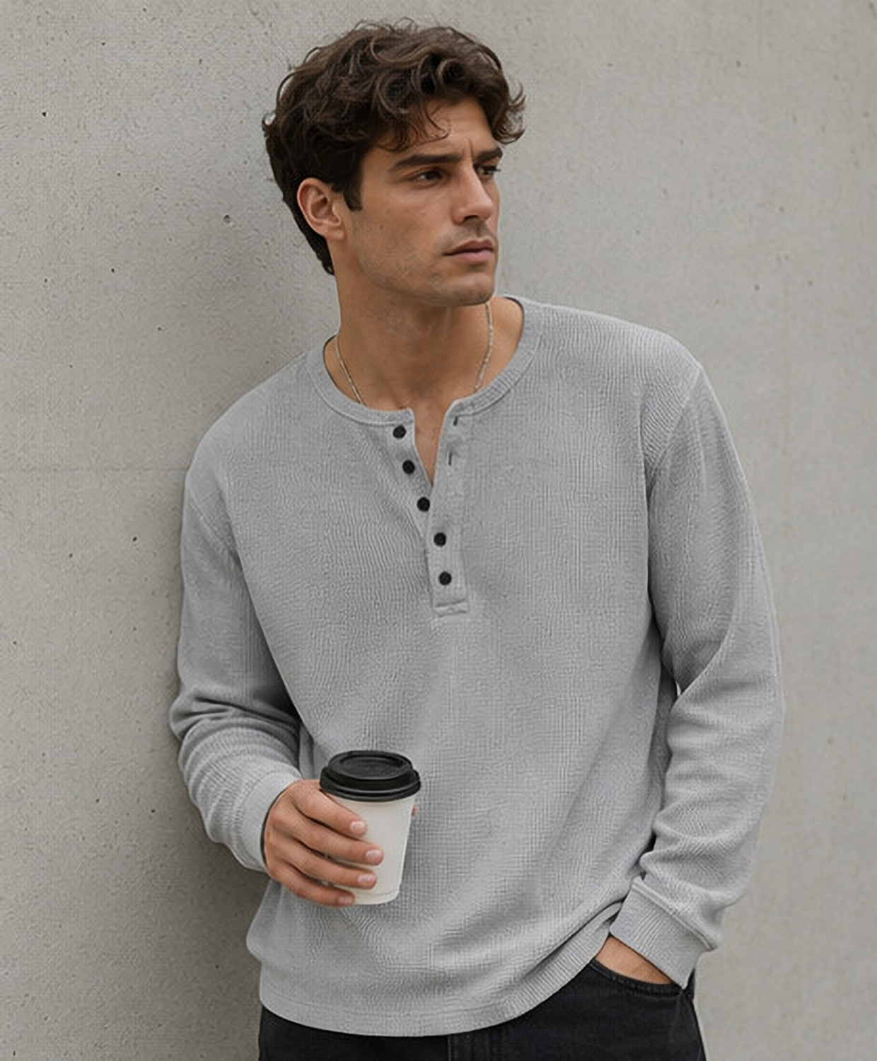 Image of NOOK Self Design Men Henley Neck Grey T-Shirt