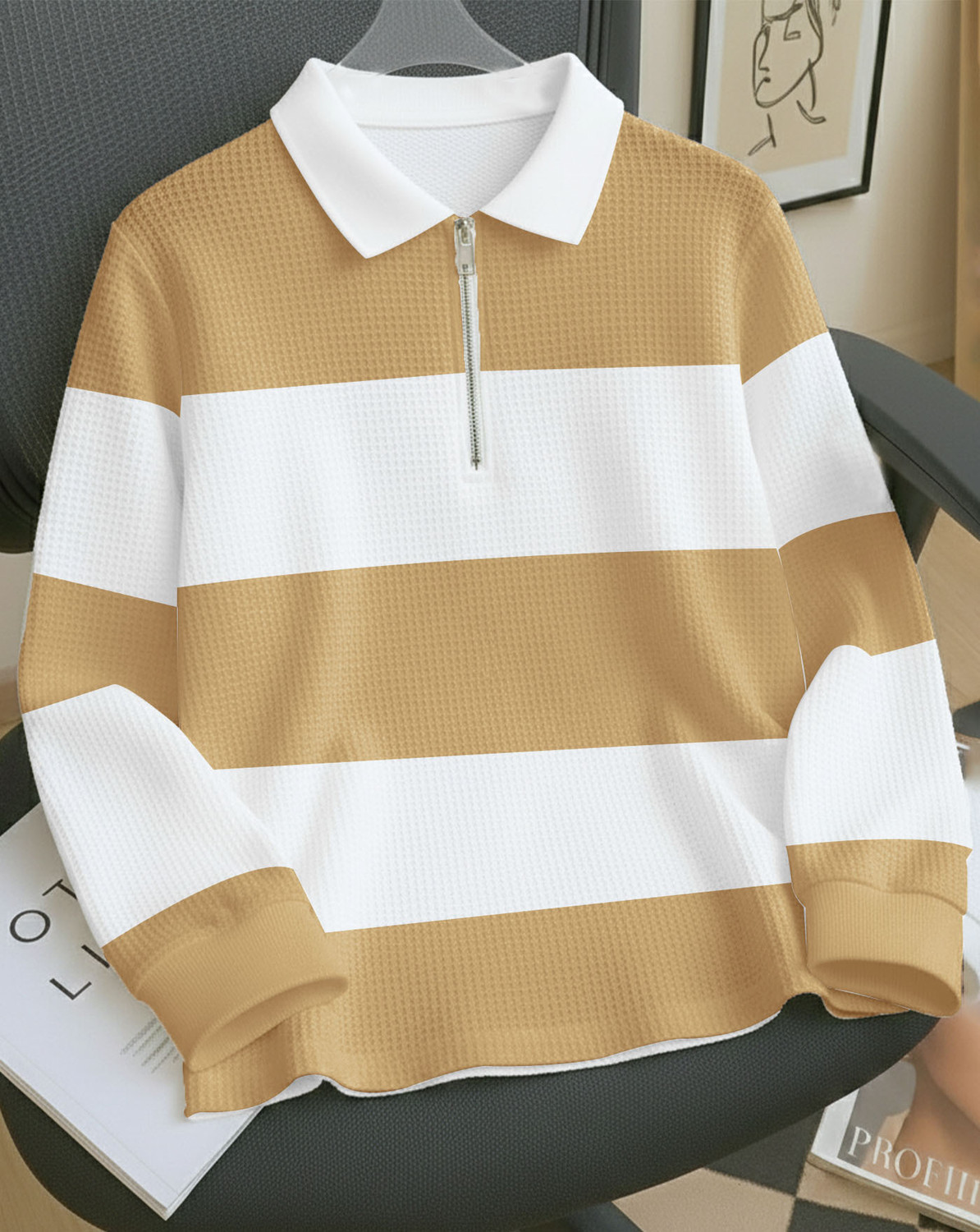 Image of ENITOR Colorblock Men Zip Neck Beige, White T-Shirt