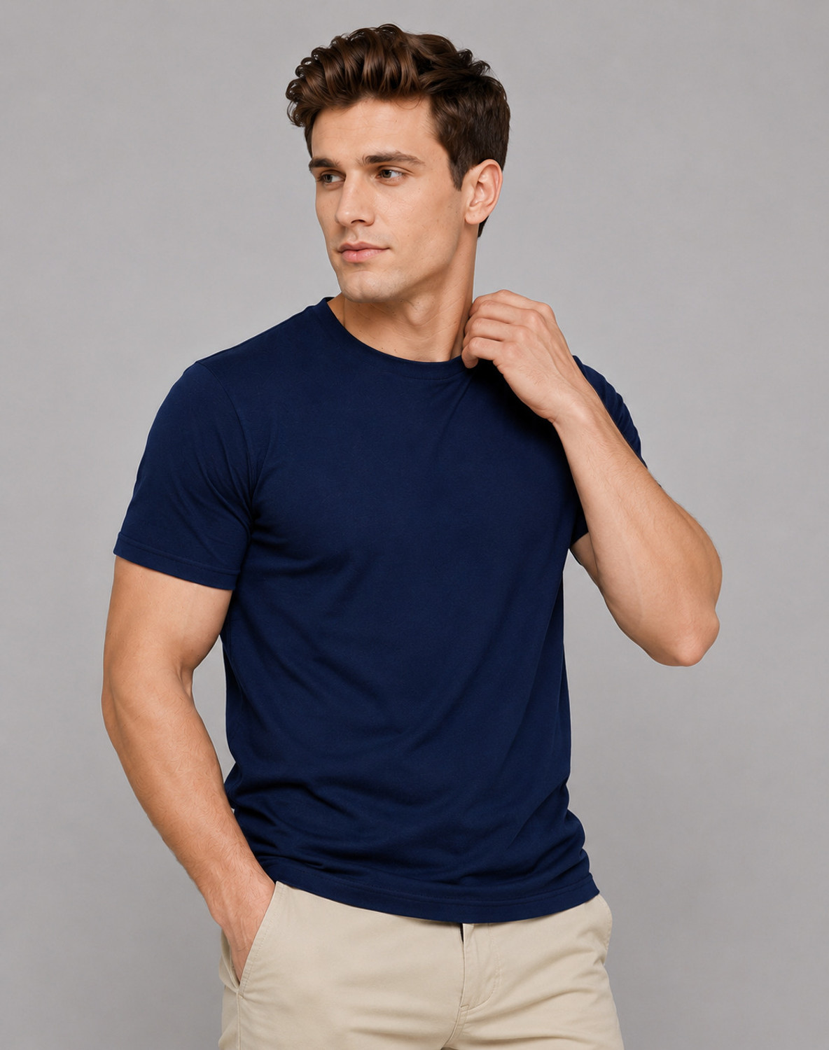 Image of London Hills Solid Men Round Neck Dark Blue, White, Black T-Shirt