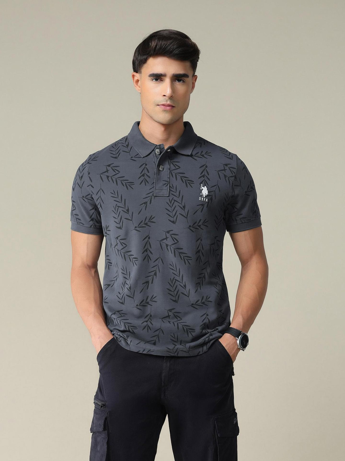 Image of U.S. POLO ASSN. Printed Men Polo Neck Grey T-Shirt