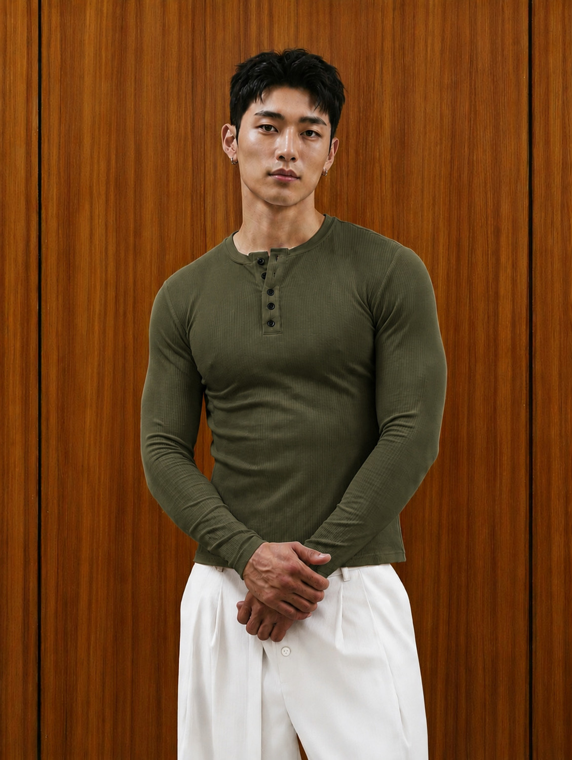 Image of Rockwell Self Design Men Henley Neck Green T-Shirt