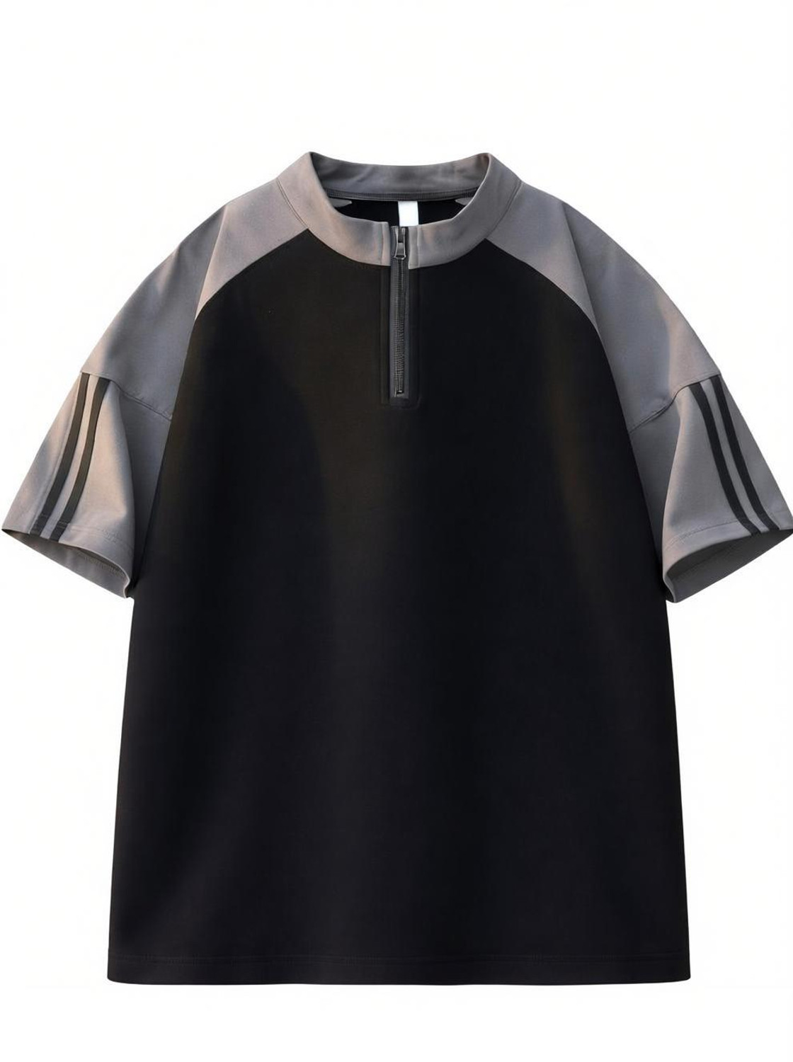 Image of JERKYN Colorblock, Striped Men Mandarin Collar Black T-Shirt