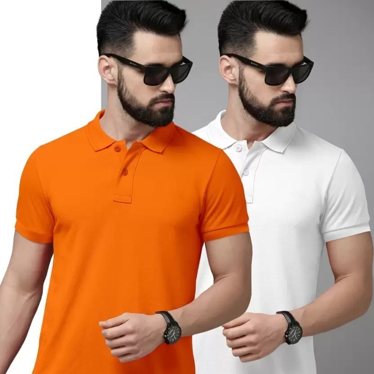 Image of balker merka Solid Men Polo Neck White, Orange T-Shirt
