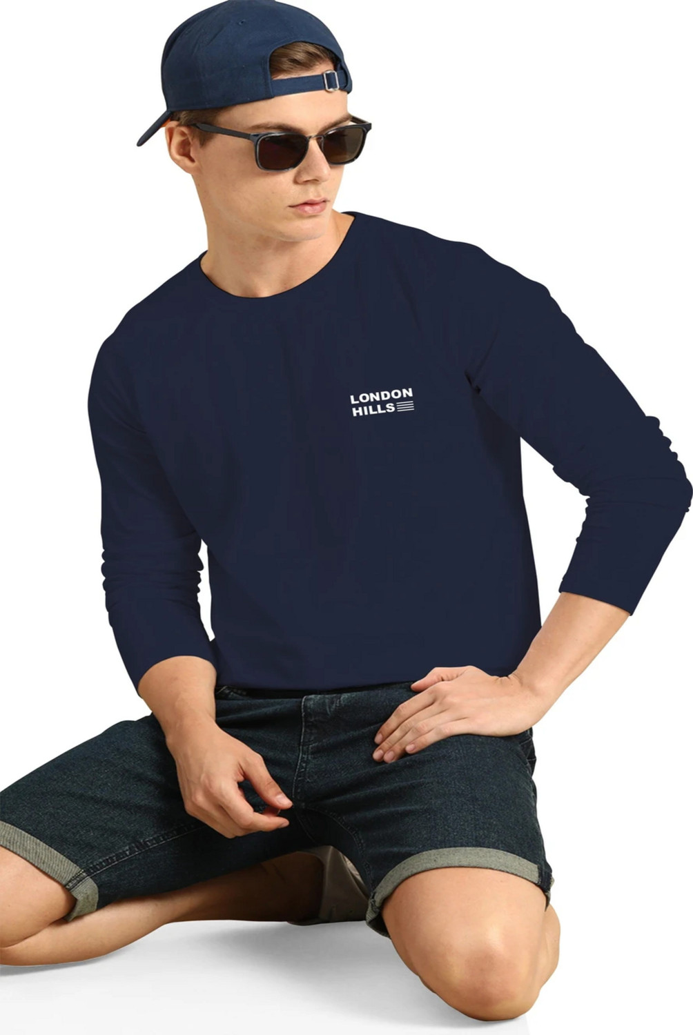Image of London Hills Printed Men Round Neck Navy Blue T-Shirt