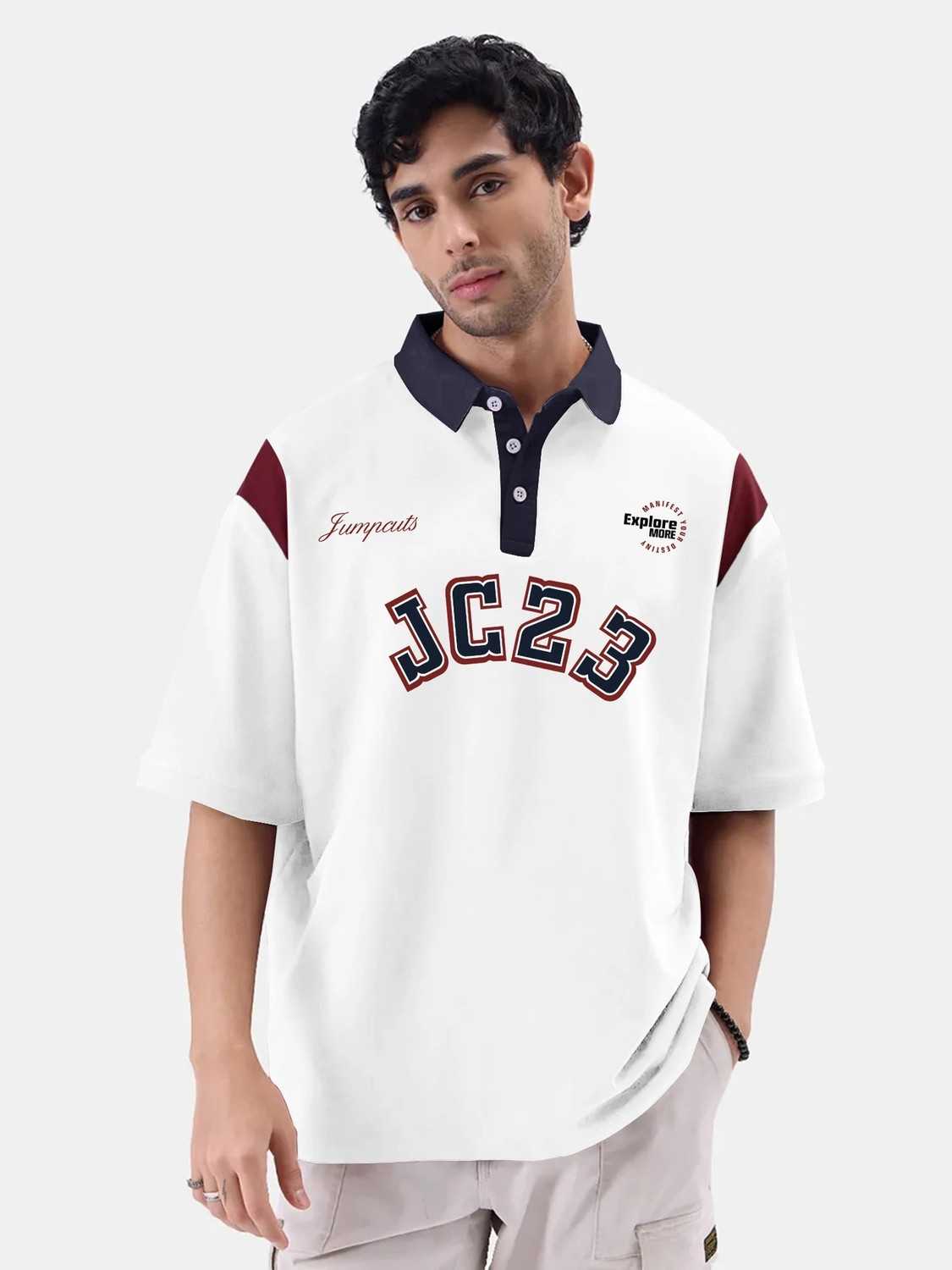 Image of Jump Cuts Printed Men Polo Neck White T-Shirt