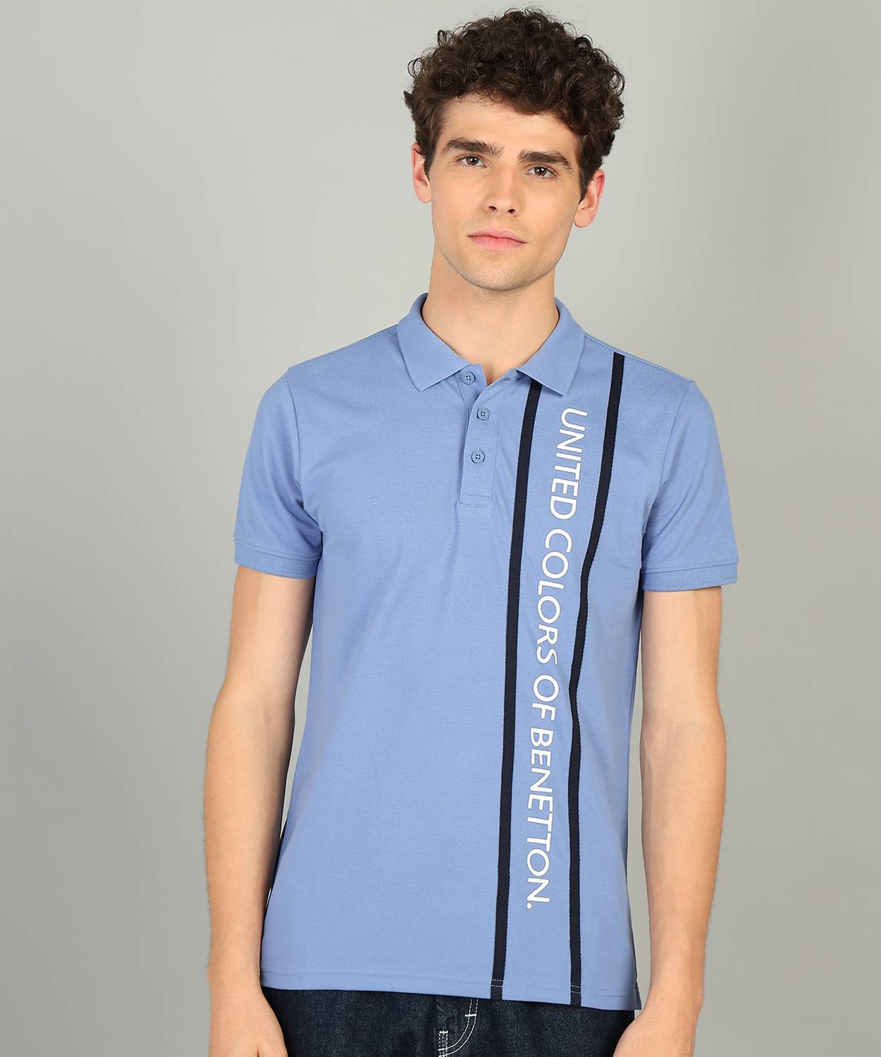 United Colors of Benetton Men Printed Polo Neck Cotton Blend Blue