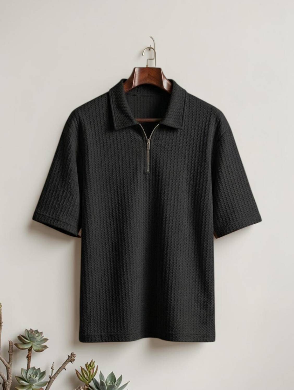 Avictor Self Design Men Zip Neck Black T-Shirt