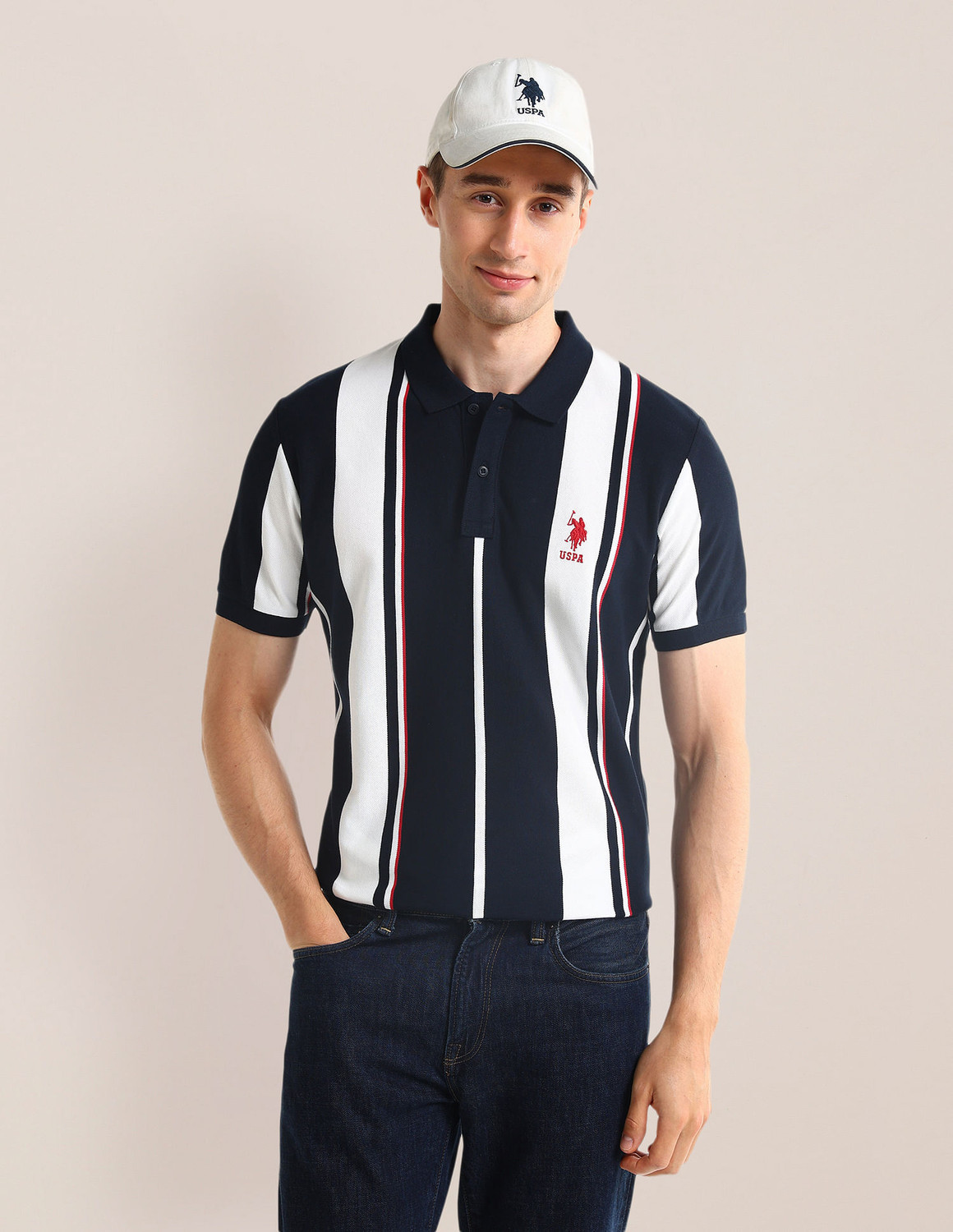 Image of U.S. POLO ASSN. Striped Men Polo Neck Blue T-Shirt