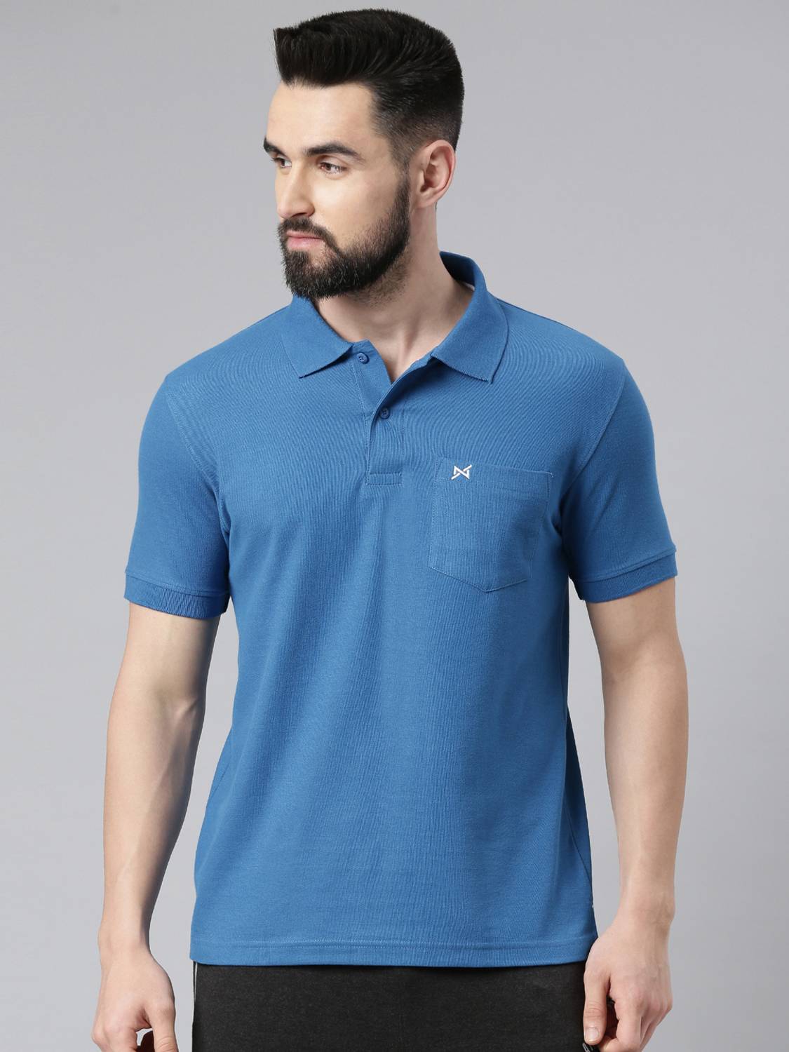 Force NXT Men Solid Polo Neck Pure Cotton Blue T-Shirt