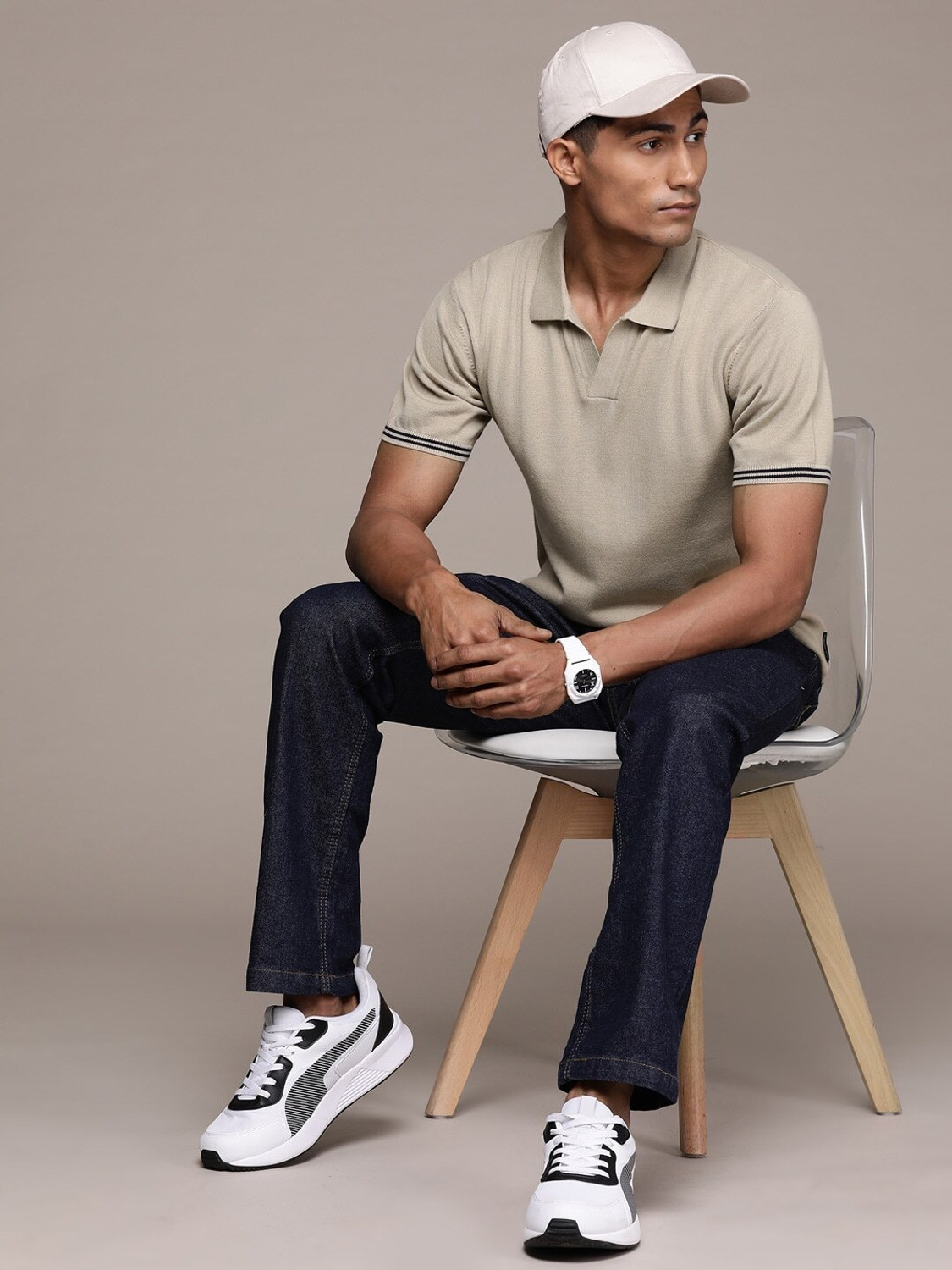 Image of Roadster Solid Men Polo Neck Beige T-Shirt