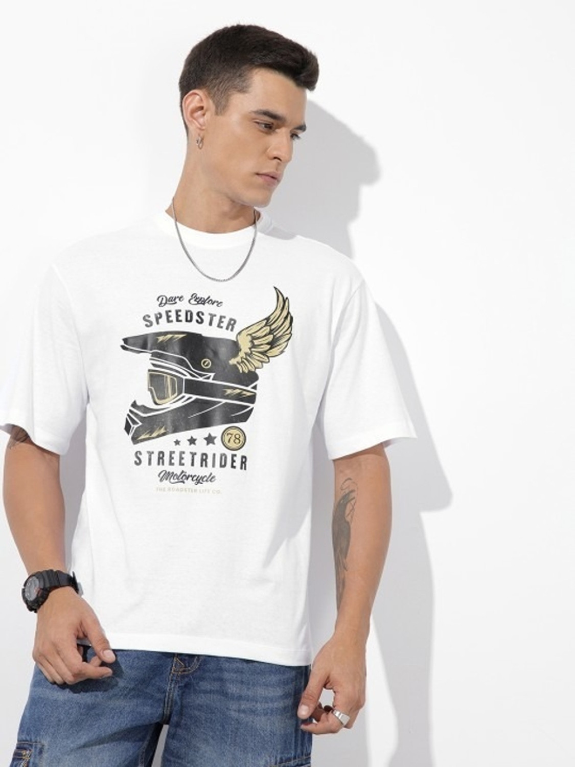 Image of Roadster Graphic Print Men Round Neck White T-Shirt