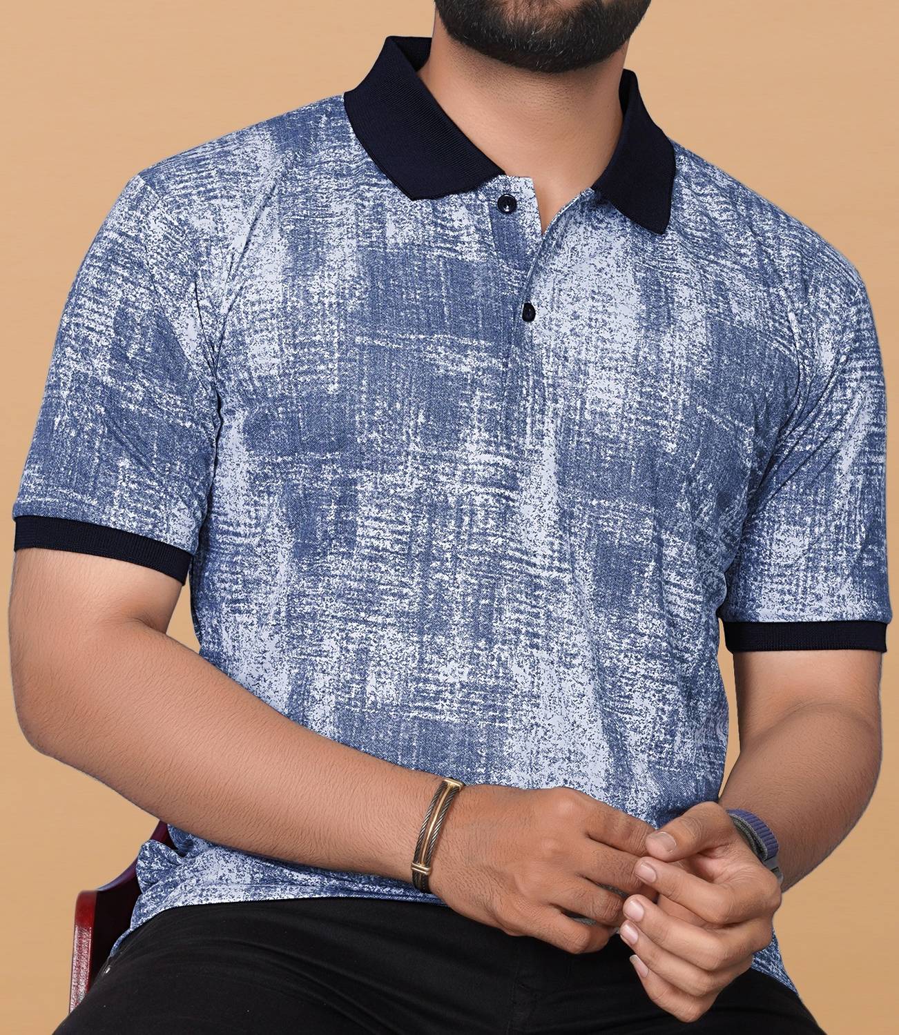 KAJARU Men Printed Polo Neck Polyester Blue T-Shirt