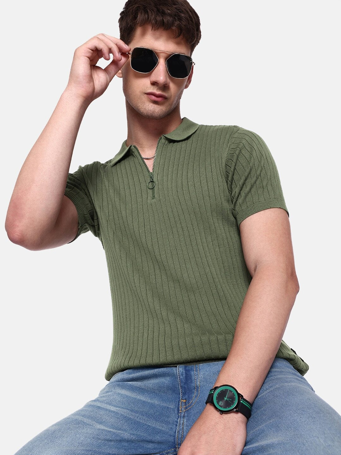 Image of Roadster Self Design Men Polo Neck Green T-Shirt