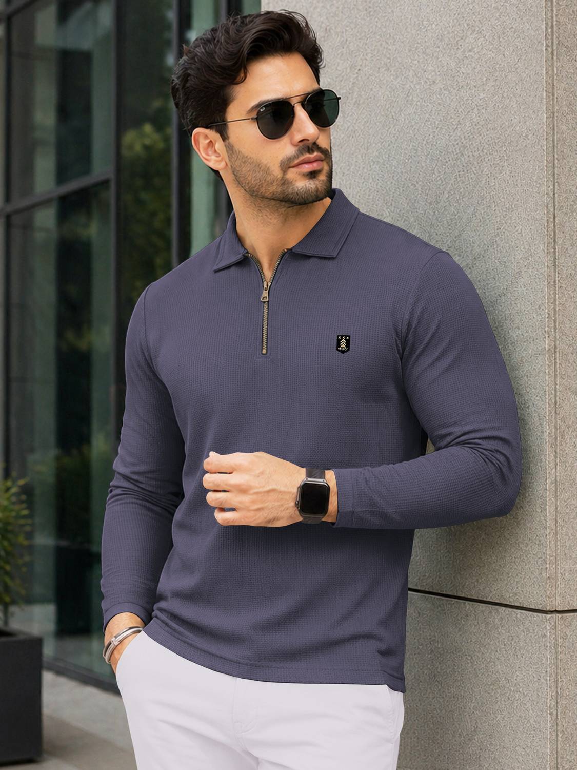 VeBNoR Men Zip Neck Grey T-Shirt - Image 1
