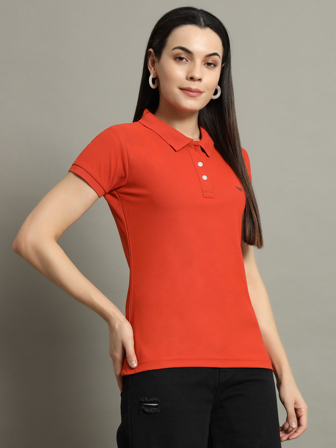 Image of RISS Solid Women Polo Neck Orange T-Shirt