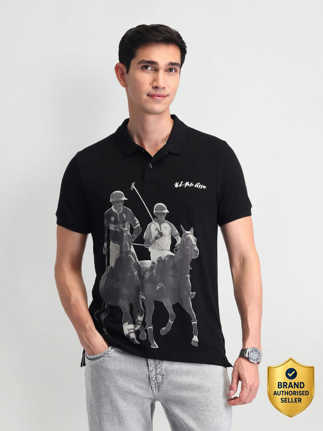 Image of U.S. POLO ASSN. Graphic Print Men Polo Neck Black T-Shirt